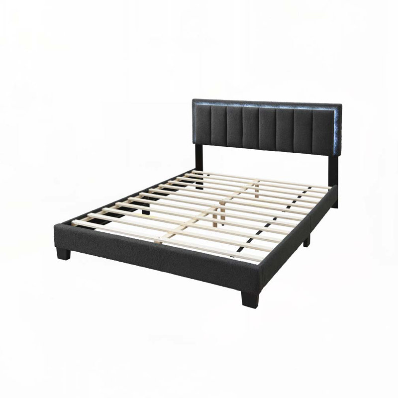 Bed with Fabric  Headboard,Light, Charcoal