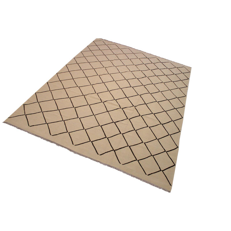 Tapis géométrique noir / beige en laine fabriqué à la main 9 pi 10 po x 13 pi Madee