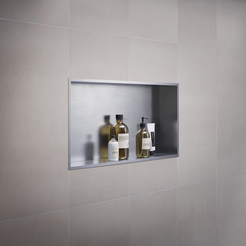 SIDELINE Shower wall niche. stainless steel. To be built into to the wall. 24" x 12". Depth 4"- brushed stainless steel 