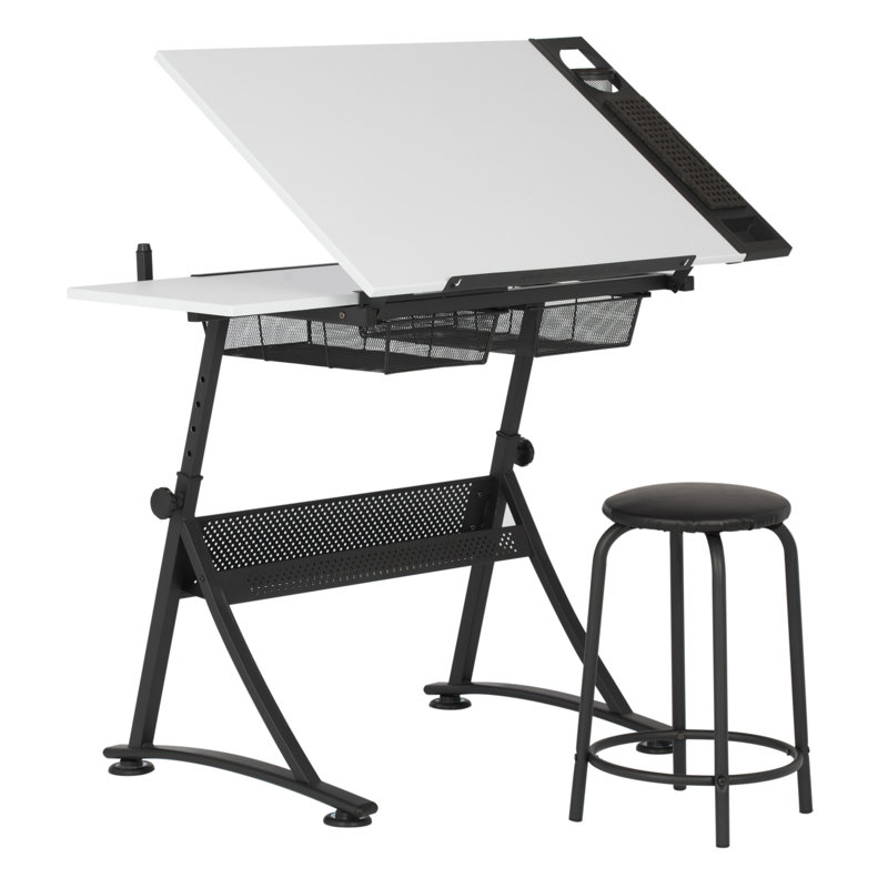 Adjustable White Metal Drafting Table with Storage Drawers