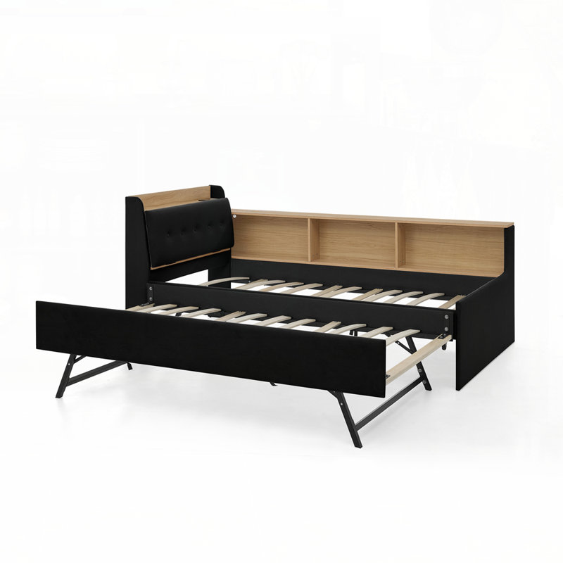 Lit de jour à hauteur réglable en velours avec lit gigogne multifonctionnel Upholstery, Noir