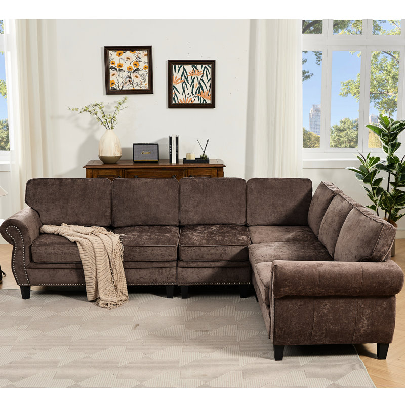 Canapé modulaire 109,5 po avec revêtement en chenille, 6 rivets, 109,5 po, chenille, 109,5 po, Chocolat