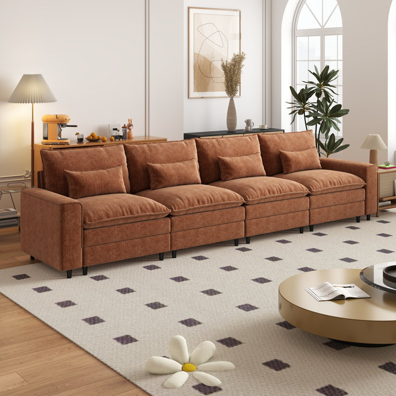 Canapé modulaire moderne en chenille, Orange, H 39,37 po x l 158,27 po x P 35,83 po, 4