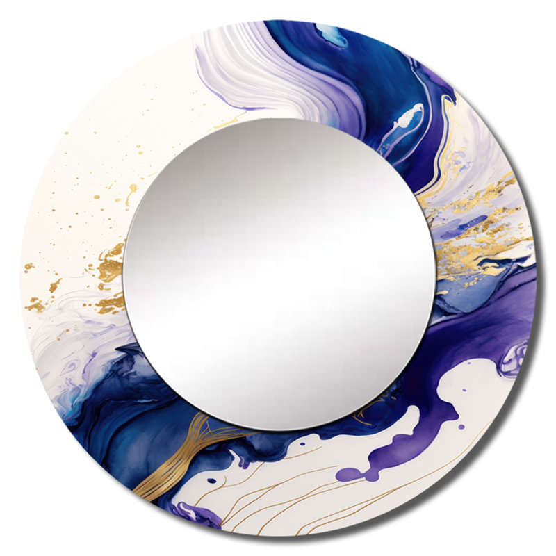 «Athelia Blue and Gold Splash Paint IV», miroir décoratif à spirales abstraites, grand miroir mural rond bleu, impression sur métal