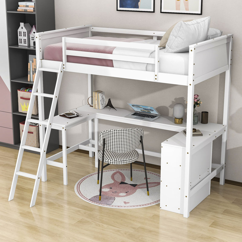 Wood Loft Bed with Desk and Shelves, White, Twin