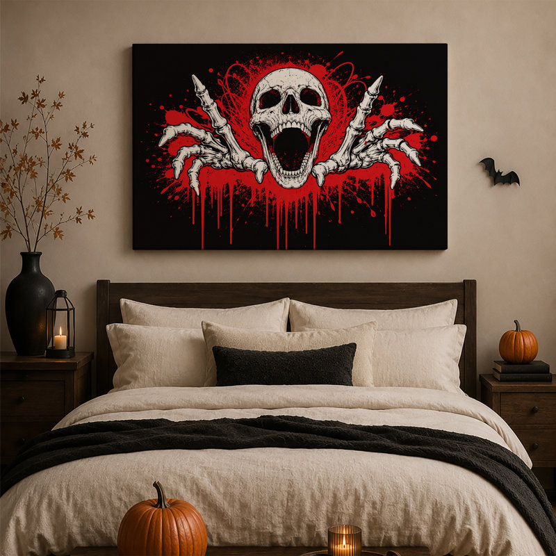 «Screaming Skull Skeleton Hands», art mural sur toile, éclaboussures rouges, H 18 po x l 24 po