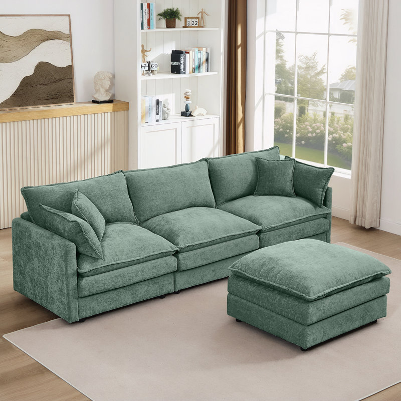 3-Seater Comfy Cloud Couches with Movable Ottoman, Mint Green