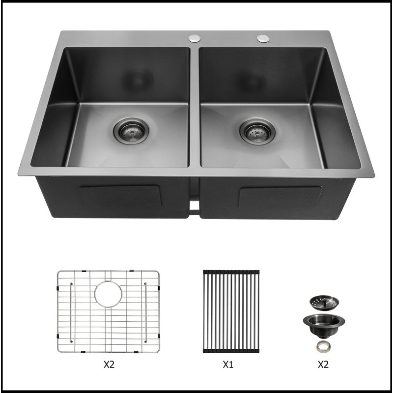 Évier de cuisine 33 "X 22" à double cuve en acier inoxydable noir de calibre 16 avec deux cuves profondes de 10 "