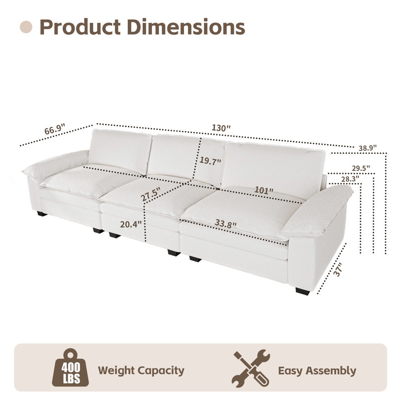 Canapé modulaire 130 po / 154,56 po, H 38,9 po x l 130 po x P 66,9 po, 3, Blanc