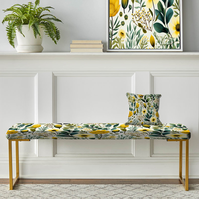 Botanical Ferns In Green And Yellow - Floral Upholstered Gold Bench