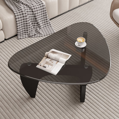 Modern Triangle Coffee Table, Tempered Glass Top & Curved Wooden Base for Living Room