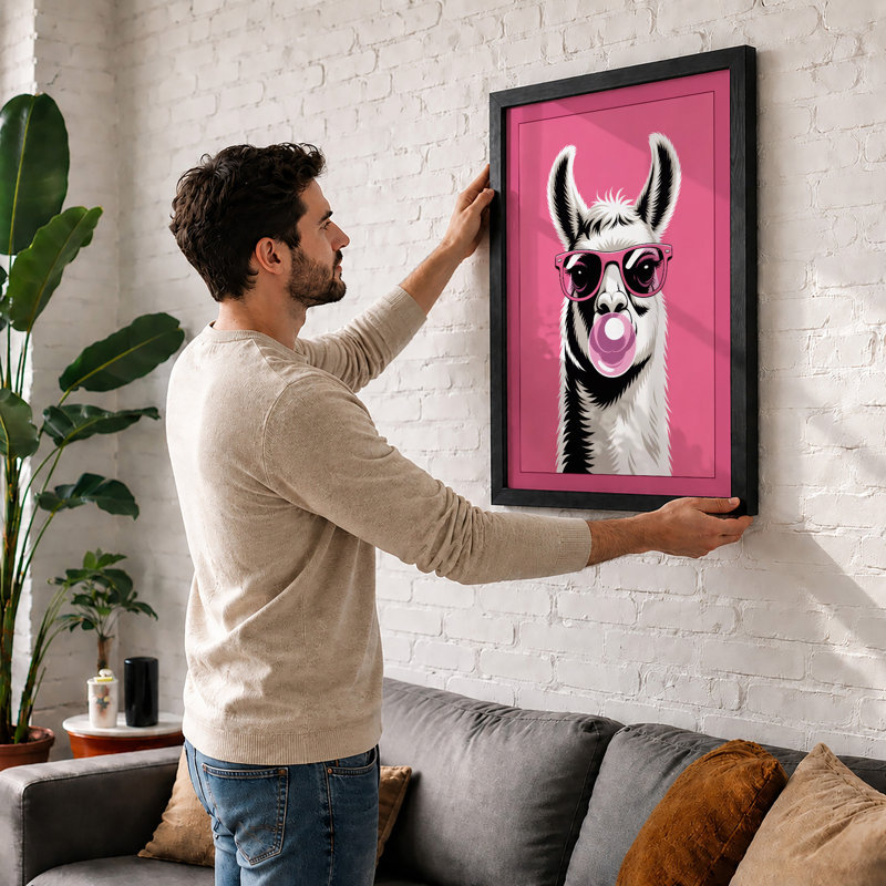 Llama Bubble Gum Modern - Framed Print, A1 - 84.1 x 59.4 cm, Oak