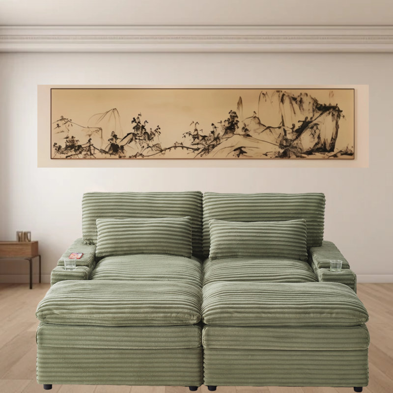 Canapé de 70,9 po de largeur avec deux repose-pieds mobiles, canapé-lit convertible avec espace de rangement, porte-gobelets et ports USB (vert)
