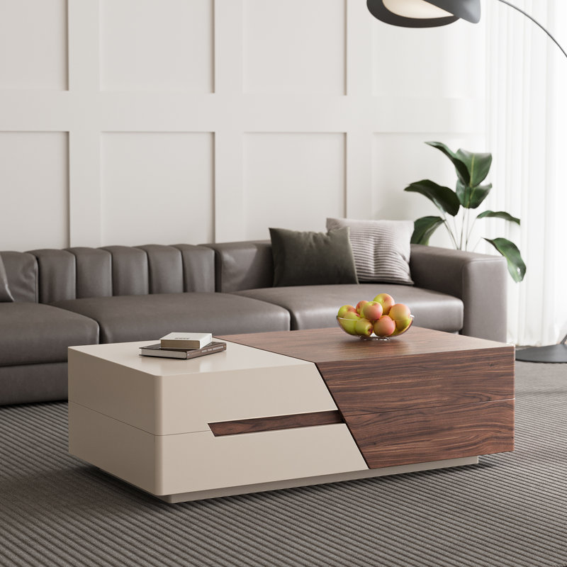 Sankey No-Assembly Required, 51.18‘’-82.67‘’ Extendable Solid Wood Coffee Table With 2 Drawers, 4 Hidden Storges, White/Brown