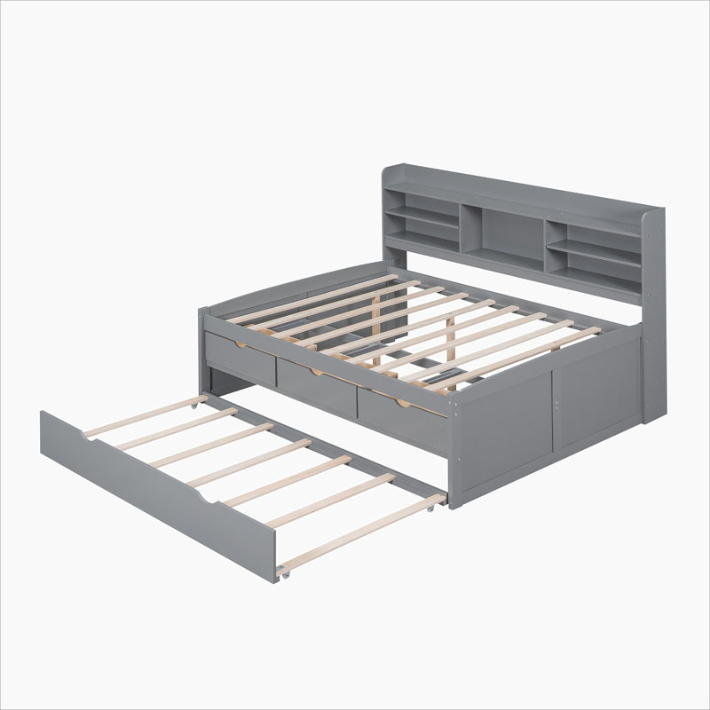 Wooden Captain Bed with Built-in Bookshelves,Storage Drawers and Trundle