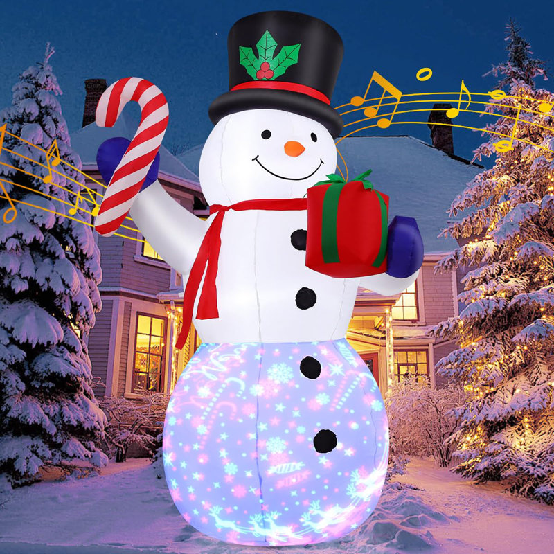 Bonhomme de neige musical éclairé à DEL de 8 pi GOOSH - lumières rotatives à 360 °, canne à sucre et boîte-cadeau