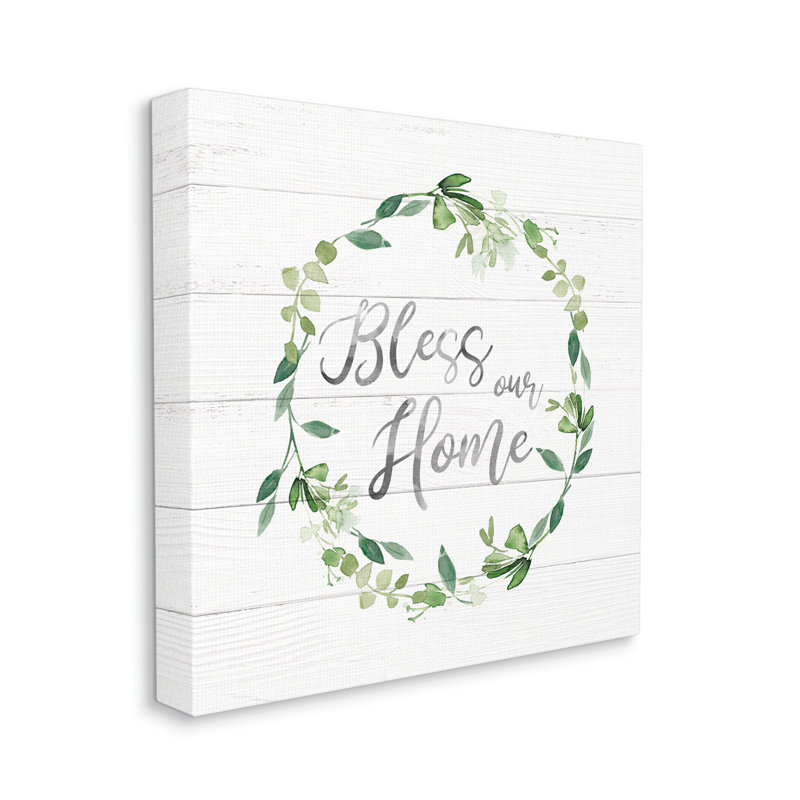 «Bless Our Home Farmhouse Leaves Wreath Calligraphy» par Carol Robinson - impression sur toile tendue