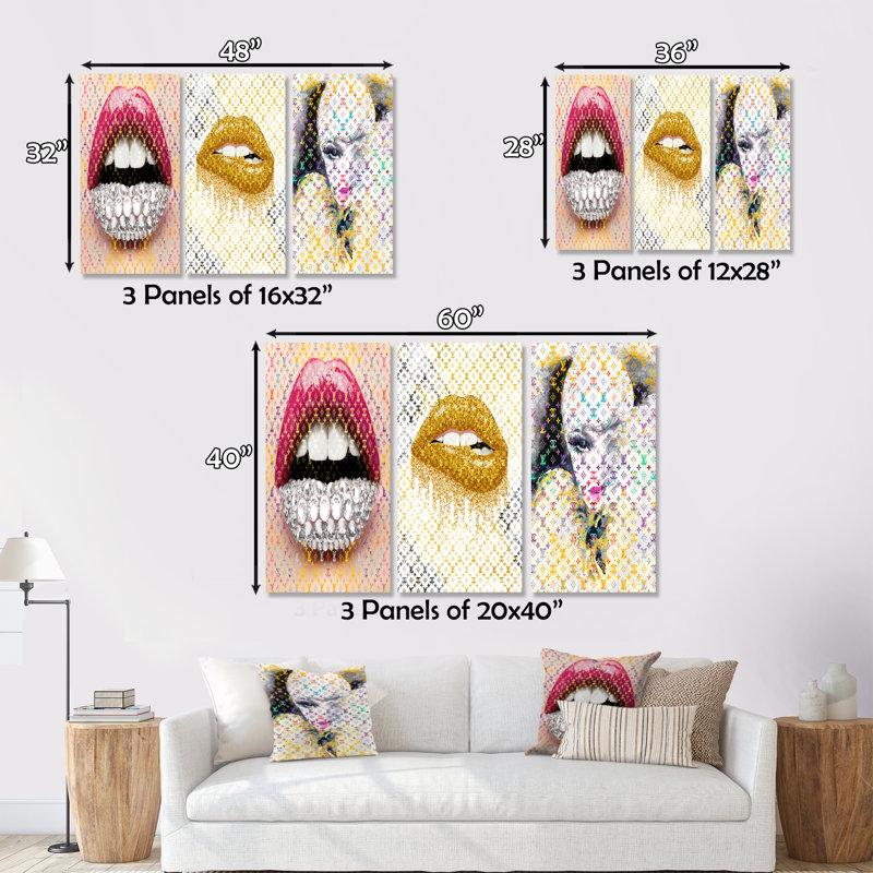 Luscious Designer Lips II sur toile, reproduction de 3 pièces, H 40 po x l 60 po x P 1 po