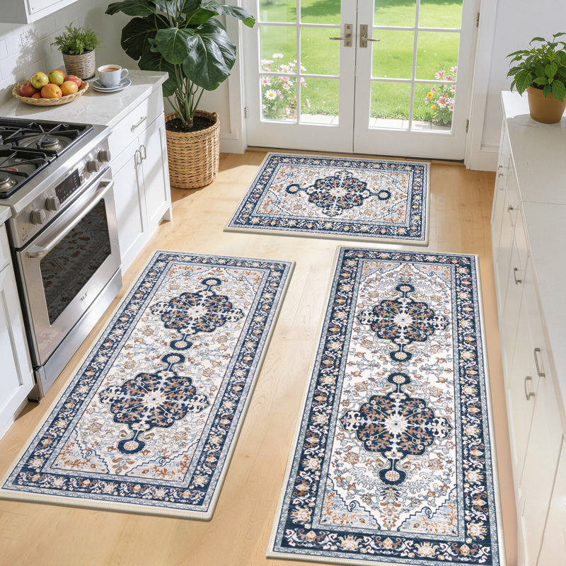 Tapis de couloir antidérapant (ensemble de 3), Bleu