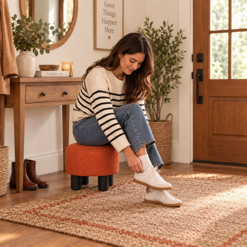 12.4" Round Upholstered Accent Ottoman Footstool, Orange Linen