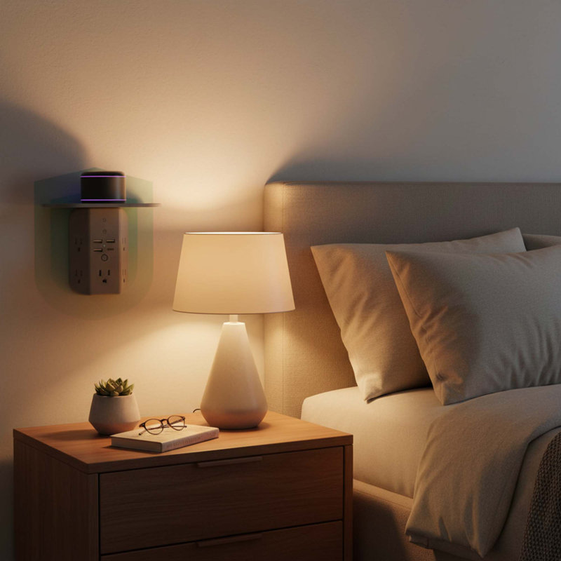 Wall Outlet Extender With Shelf, Night Light, Surge Protector, 5 Ac Outlets, 3 Usb A Ports, 1 Usb C, 3-sided Multi Plug, Gray