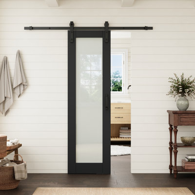 24"x80" 1-Lite Black Tempered Frosted Glass Interior Standard Door Slab With Black Barn Door Hardware Kit Suitable For Pantry,Kitchen