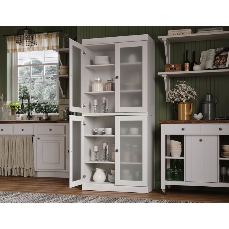 Garde-manger 100% bois massif 32 po avec portes en verre givré et tablettes réglables, Blanc