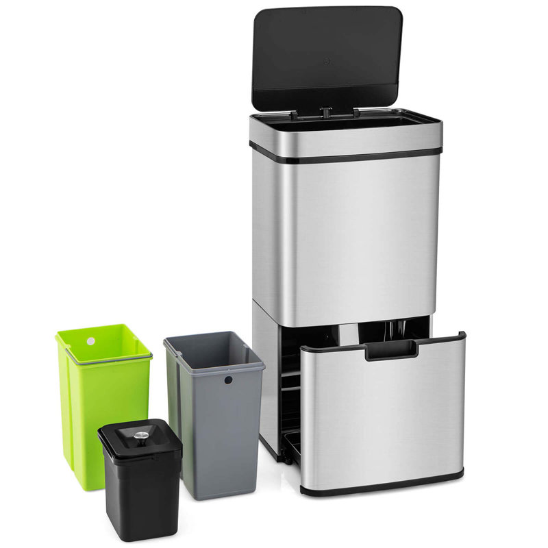 Costway 19 Gal Kitchen Trash Can With Soft Closing Lid & Stay-open Design Inner Buckets Silver