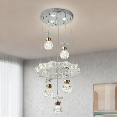 5-light Chrome Crystal Glass Pendant Light - For Dining Room & Hallway