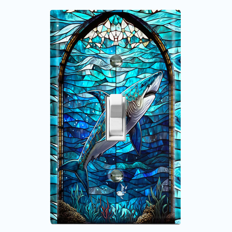 White Shark Blue Glass Art Print Copper Rust Patina Teal Print 1 - Gang Toggle Light Switch Standard Wall Plate