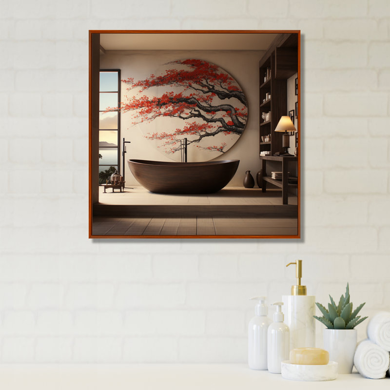«Bathroom Bathroom», art mural japonais - Art mural de salle de bain, H 16 po x l 16 po x P 1 po, Cadre flottant brun