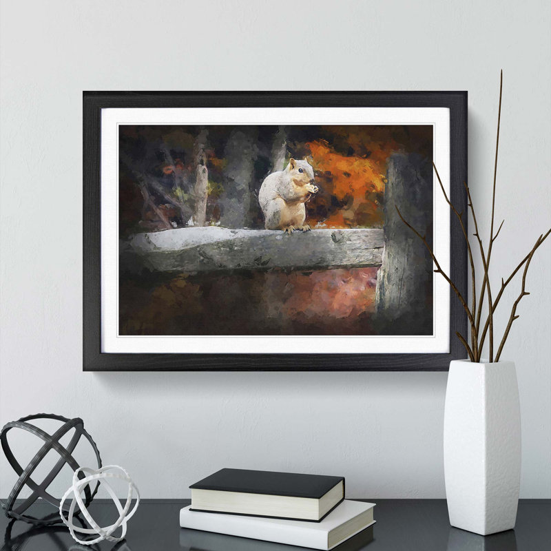 Squirrel by an Autumn Forest in Abstract - Picture Frame Painting Print, 48cm H x 65cm W x 2cm D, Black Framed