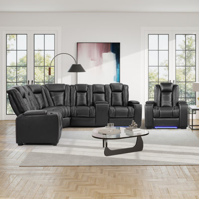 Modern Faux Leather Power Reclining Sectional Sofa & Recliner Chair Set With Led Lighting And Cup Holders