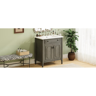 Meuble-lavabo vintage de 31 pouces avec lavabo rectangulaire, tablettes réglables et pieds cylindriques rainurés en gris antique, armoire spacieuse, installation facile, cadre en bois d'hévéa