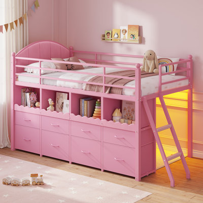 Lit mezzanine bas pour deux personnes avec 8 tiroirs de rangement et bibliothèque, tête de lit capitonnée arquée, éclairage DEL RVB, structure métallique avec barrière de sécurité et échelle latérale pour chambre d'enfant, rose