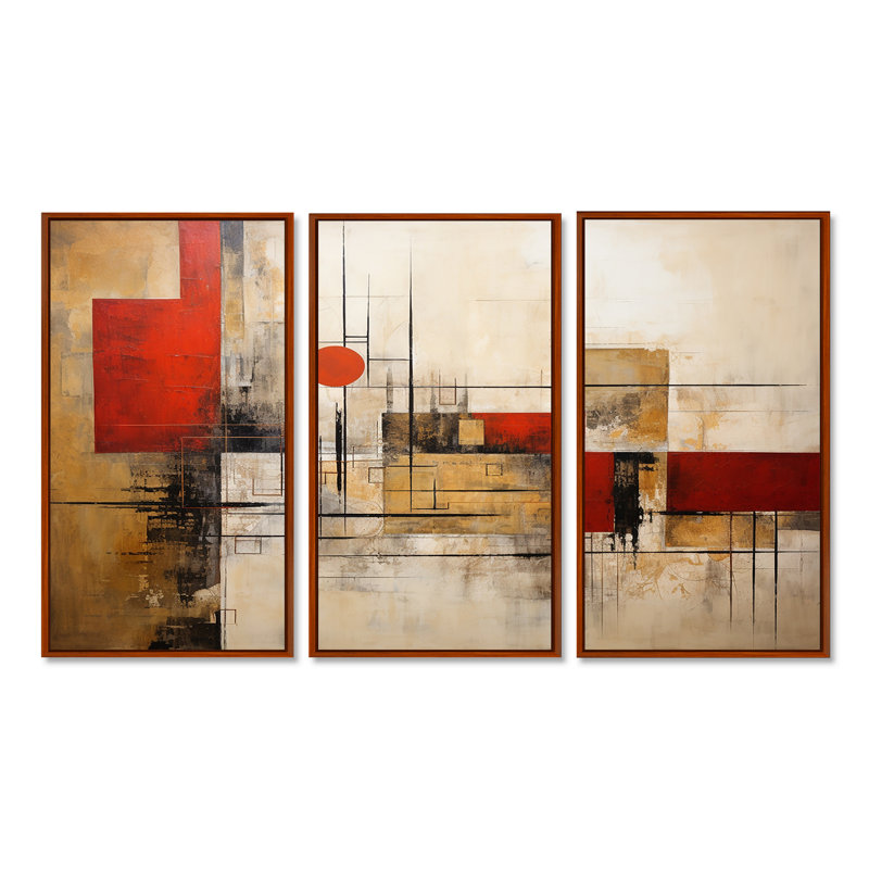 Red Moon Gold Cubist Abstract - ensemble de reproductions d'art géométriques murales, Cadre flottant brun