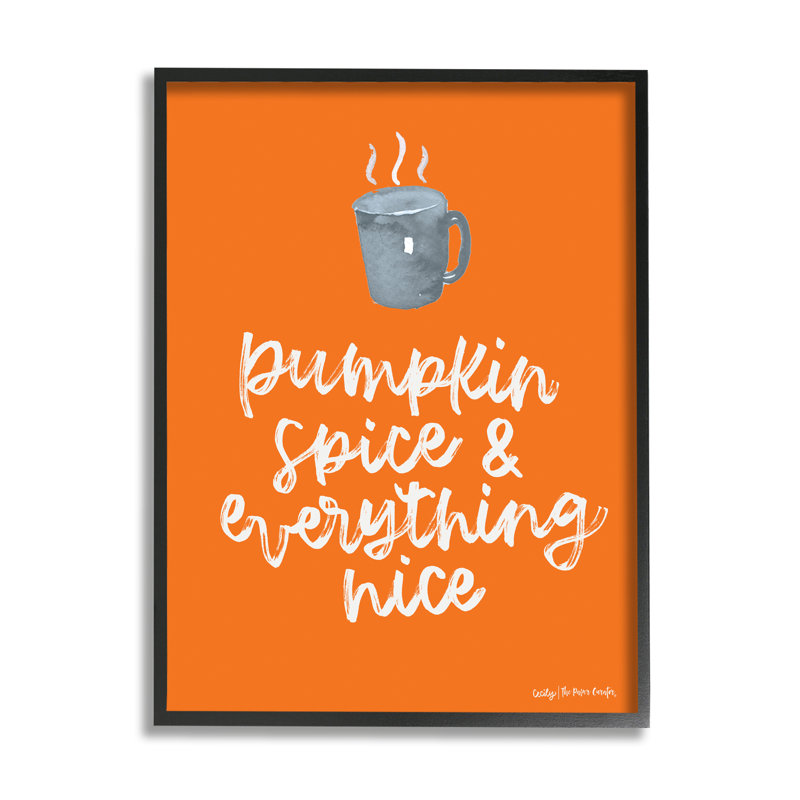 Tasse de café citrouille épice à la vapeur, calligraphie automnale, art texturé par Cecily Moore, Giclée encadrée noir minuit