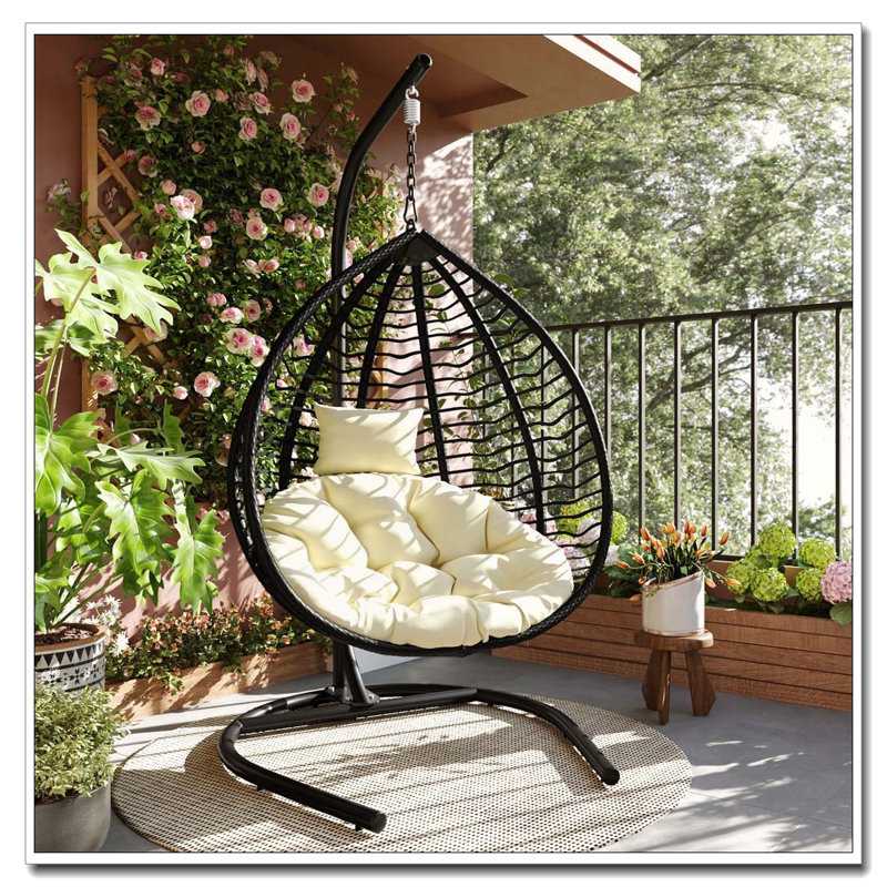 Fauteuil à œufs suspendu pliable avec support: osier PEHD, appui-tête amovible et capacité de 330 lb, Beige, Black