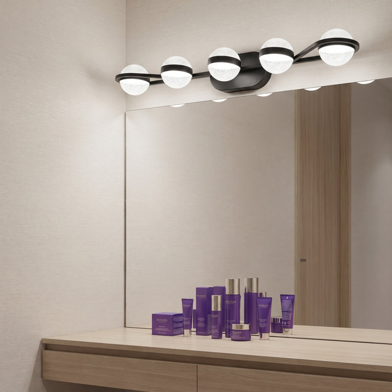 Applique murale DEL noire à 5 lumières de 35 po avec abat-jour en acrylique couleur sable cristal, Noir mat, 5 lumières