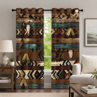 2Pcs Western Boho Curtains, Tribal Style Drapes, Vintage Southwestern Cow Skull and Teepee Pattern Printed Art Grommet Panels, Window Treatment for Bedroom Living Room Decor