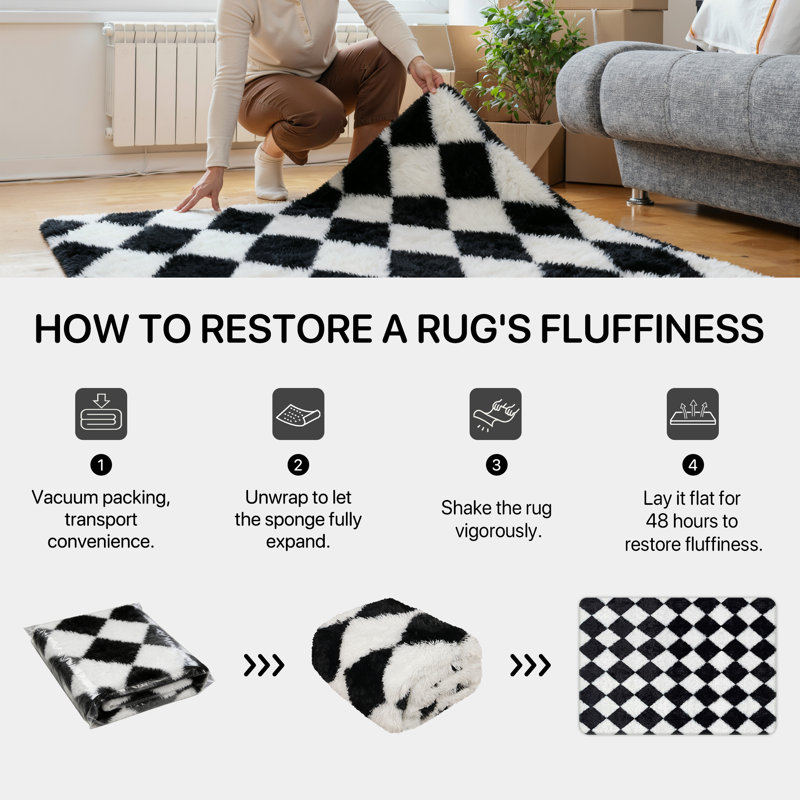 Machine-Washable Checkered Shag Area Rug, Black/White, Rectangle 240 x 300 cm