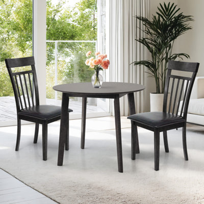 3 Piece Dining Table Set, 2 Classic Style Solid Wood Side Chairs with Round Dining Table, Kitchen Room Set, Medium w PU Leather Cushions