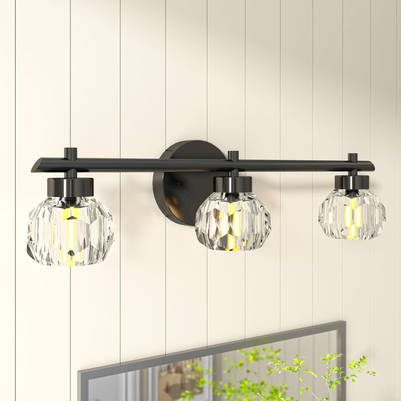 Éclairage pour meuble-lavabo moderne à intensité variable 3 lumières Meranda noir mat avec abat-jour cristal 22 po Meranda