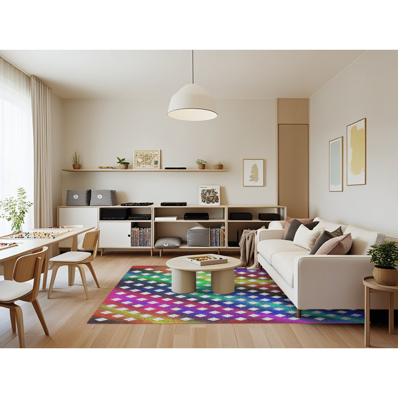 Tapis rose/vert/rouge tissé à la machine, Rectangle 7 pi x 9 pi