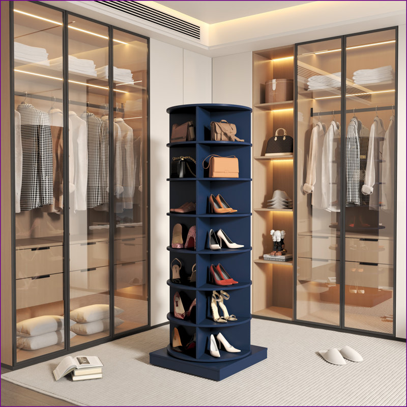Range-chaussures rotatif 360 degrés 7 couches bleu marine pour 28 paires | Panneau de particules et panneau de fibres à densité moyenne | Chambre à coucher