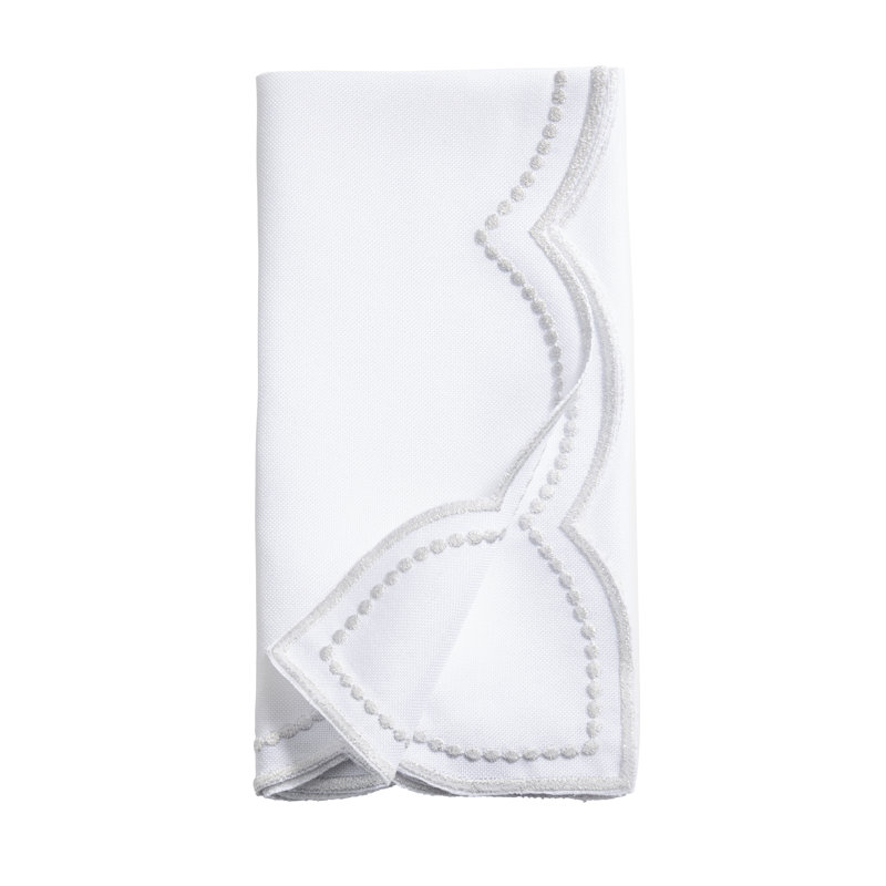 Embroidered Polka Dot Napkin w/ Scallop Edge (Set of 4), White/Silver