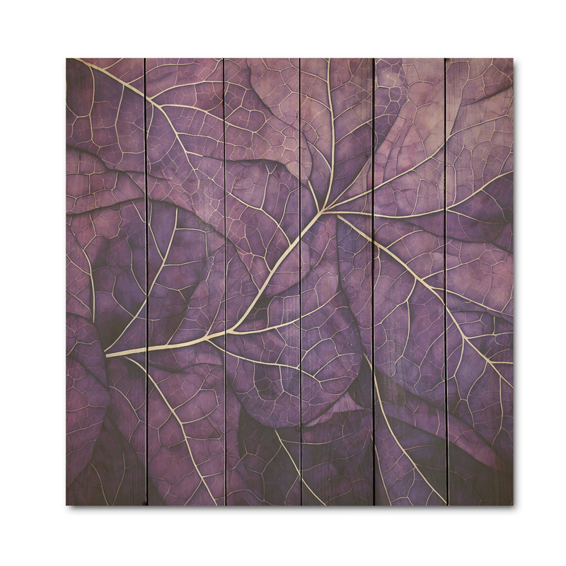 Minimalist Violet Veins Foliage I - Leaves Wood Wall Art On Natural Pine Wood, 36" H x 36" W