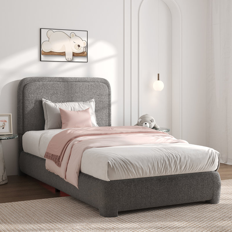 Lit plateforme tapissier Bensu Boucle, Lit simple, Gris clair
