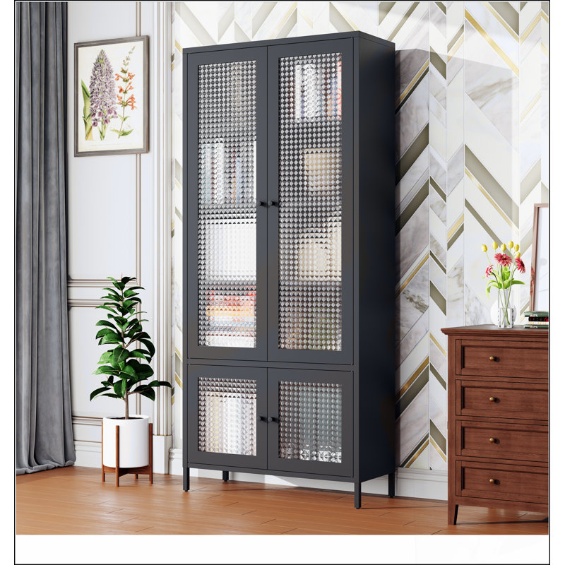 Grande armoire de rangement en métal avec 4 portes en verre et 5 tablettes, idéale pour exposer et organiser n'importe quelle pièce.