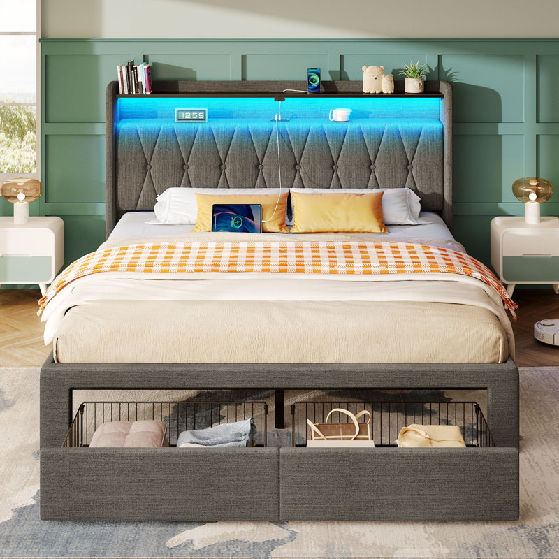 Bed Frame with RGB LED Lights, Upholstered Bed with Drawers and Charging Station, Gray, Queen
